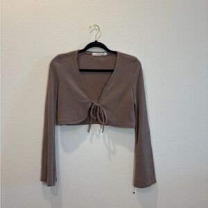Altar’d State Ribbed Tie Front Crop Top Brown Long Sleeve Size Large
